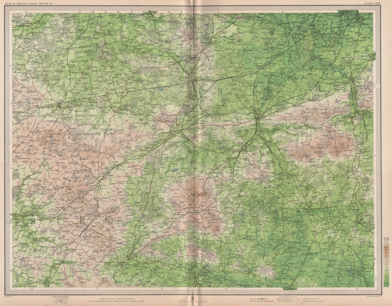 HAMPSHIRE DOWNS/SURREY. Aldershot Guildford Basingstoke Chertsey. LARGE 1903 map